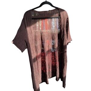 EILEEN FISHER Open Knit Short Sleeve Chocolate Brown Cardigan Sweater Top Boho